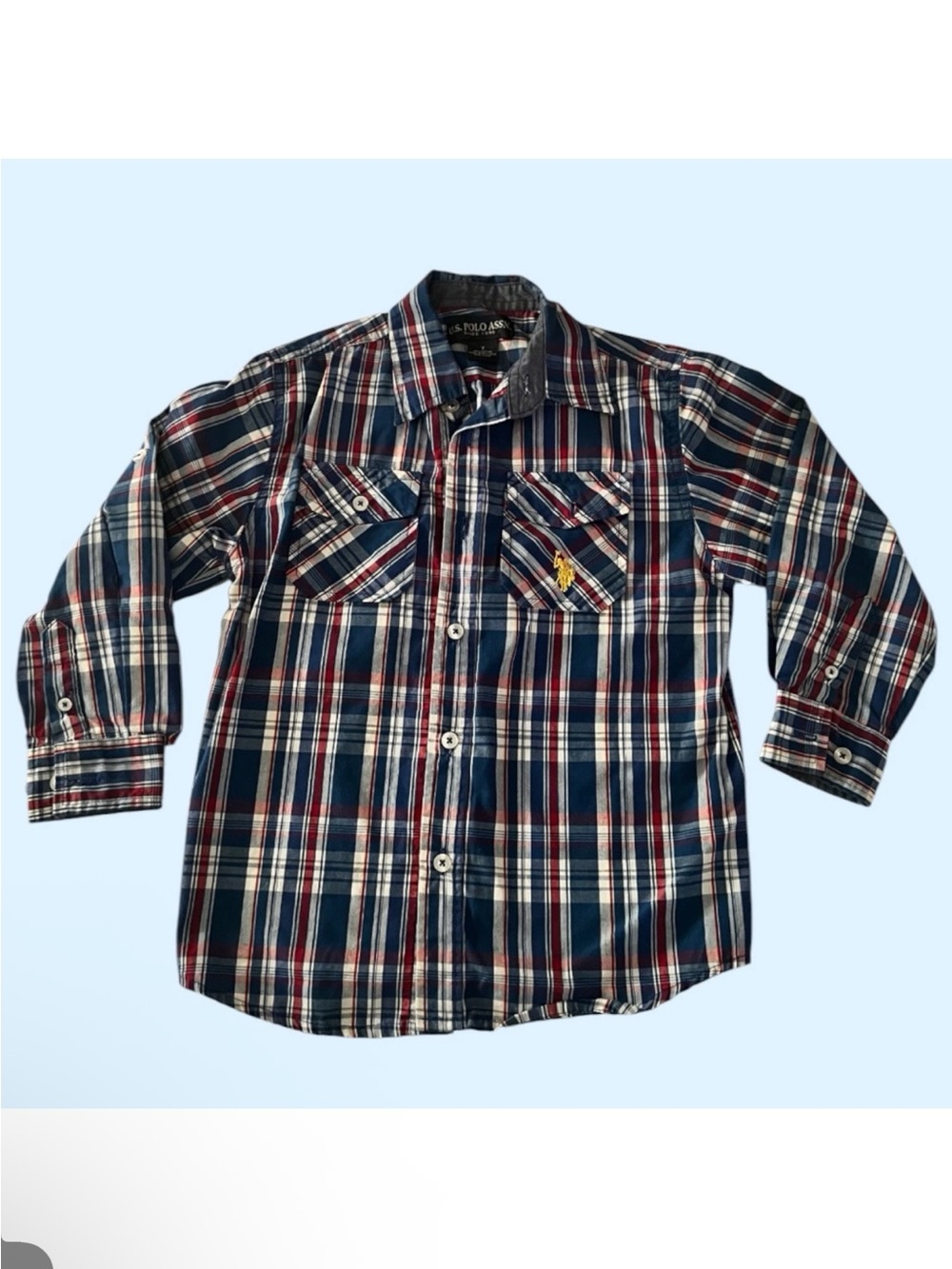 U. S. POLO ASSN BOYS SIZE 7 Plaid Collared Button-Down Roll Tab Long Sleeve
